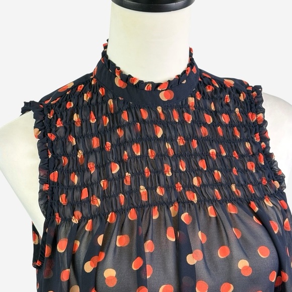 Maeve Anthropologie High Neck Sheer Polka Dot Ruffle Blouse Size 2 Navy Orange - Picture 3 of 10